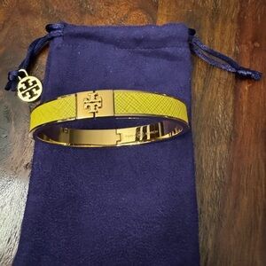 Tory Burch- Sunshine Yellow Leather Inlay Logo Clasp Bracelet in Gold, 1/2”width